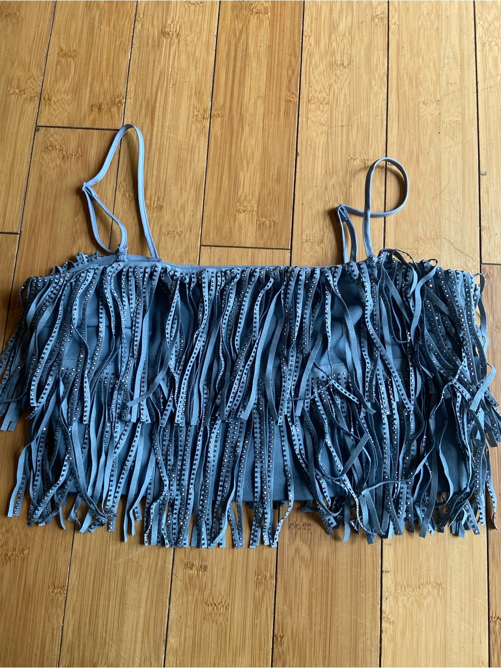 Blue Fringe Spaghetti‑Strap Crop Top
